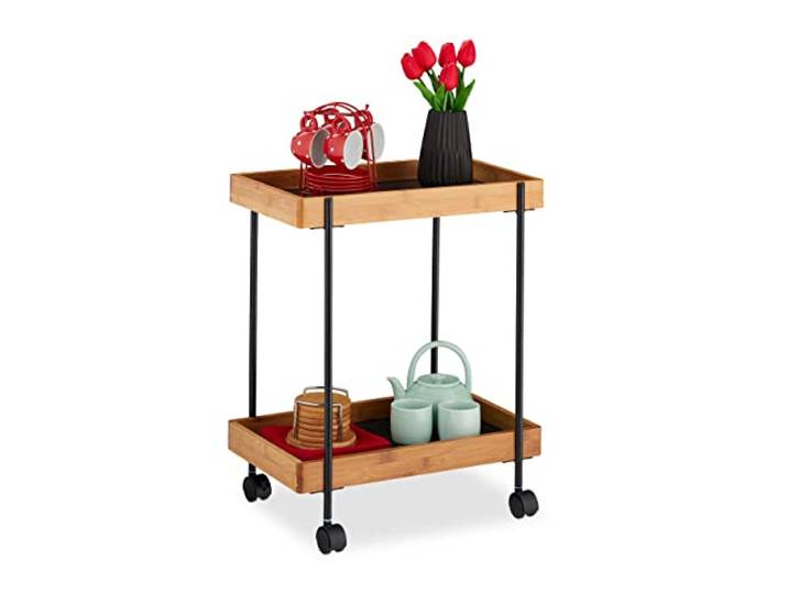 Relaxdays Chariot de Service\, thé avec 2 étages\, Bambou et Fer\, Table d’appoint à Roues\, 57 x 46 x 28 cm\, Naturel/Noir