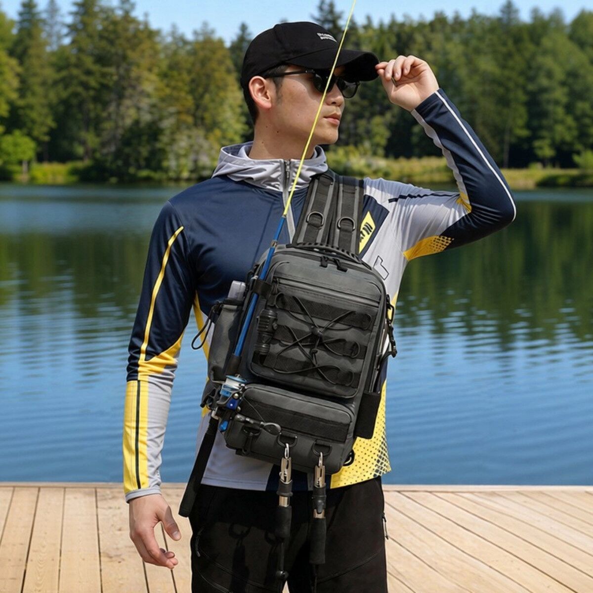 INF Sac à dos de pêche 40L - Tissu Oxford hydrofuge, multi-compartiments avec porte-canne et modes de port convertibles