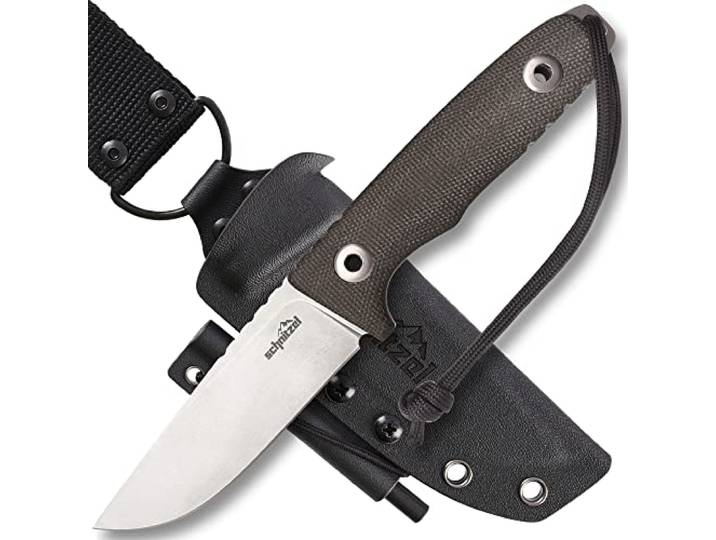 SCHNITZEL TRI Outdoormesser - Special Edition - Sonderedition, Full-Tang Feststehendes Messer mit ca. 10,4 cm langer Klinge aus CPM 3V Stahl, Micarta Griff, Kydex Scheide mit Dangler-Tragesystem
