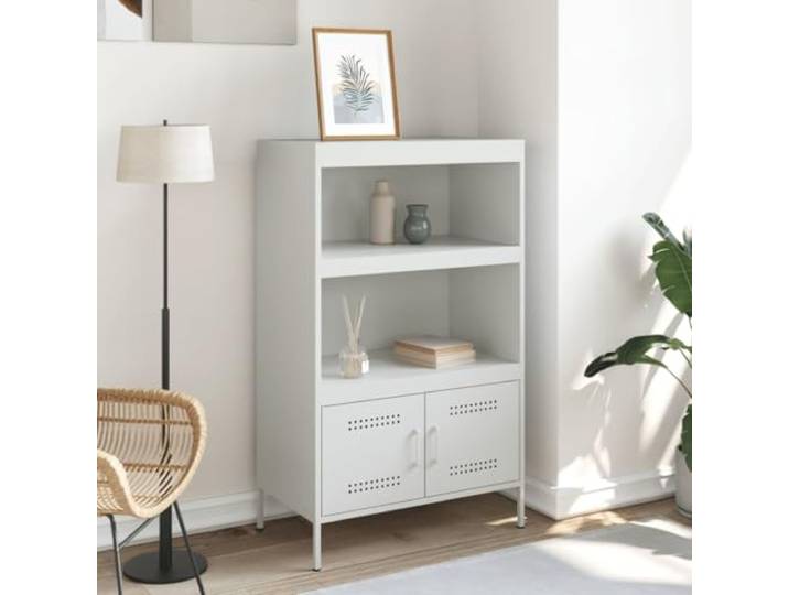 KTHLBRH Sideboard weiß 68 x 39 x 113 cm aus Stahl 2 Regale, 2 Türen, Industrie-Stil, leicht zu reinigen, Wandbefestigung im Lieferumfang enthalten