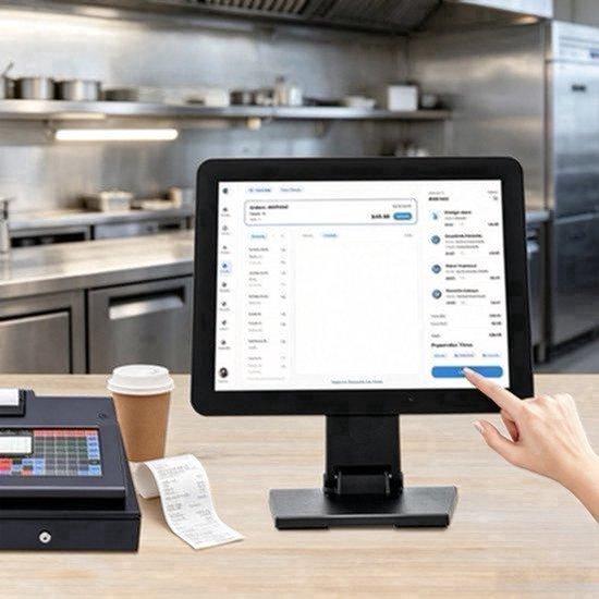Touchscreen-Kassensystem, 15 Zoll - LCD-Bildschirm, einstellbar von 0 bis 90 Grad - Auflösung: 1024x768 - Kapazitiver 10-Punkt-Touchscreen - USB-, HDMI- und VGA-Anschlüsse
