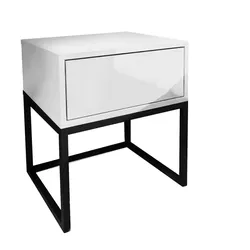 NACHTTISCH BLANCO LOFT Weiß Hochglanz aun Schwarzenem Gestell PUSH OPEN