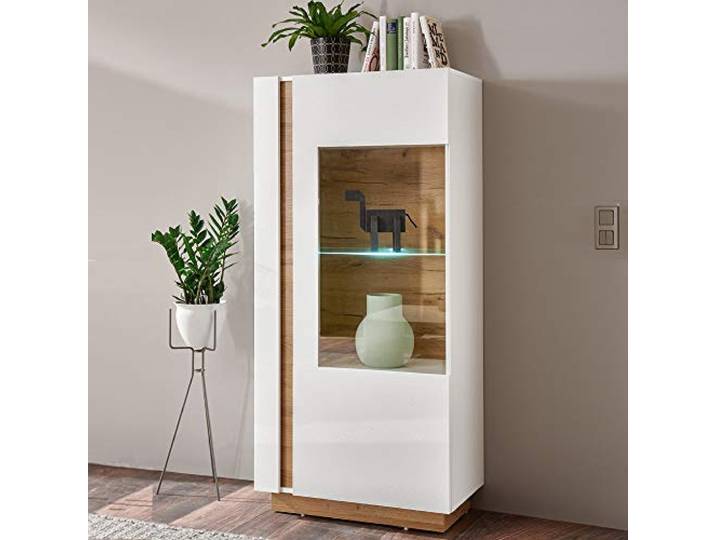 Lomadox Vitrine LED-Highboard in weiß Glanz mit Abs. Grandson-Oak Eiche Nb. - B: 72 cm
