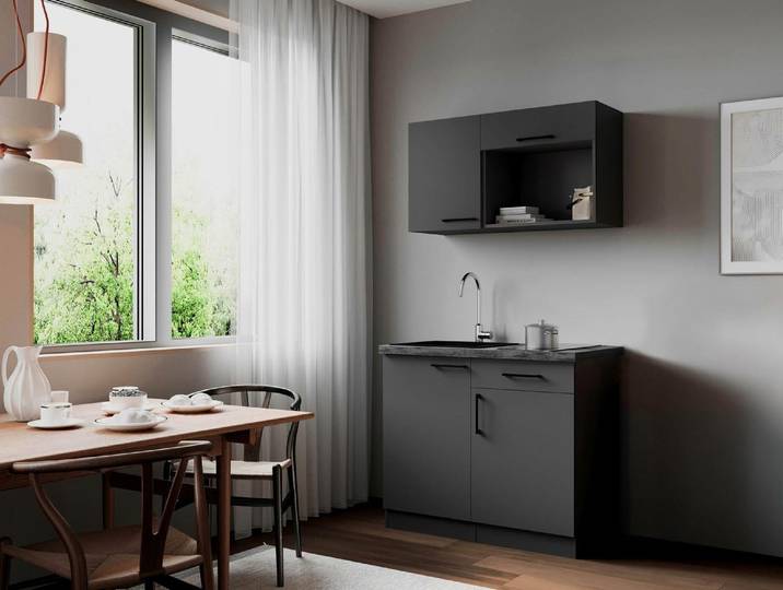 Respekta Küche Singleküche Oliver 100 cm mit Glaskeramikkochfeld – Grau Matt