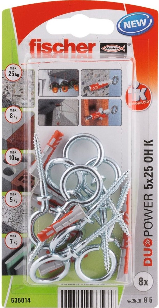 Fischer Duopower plug met ooghaak 5x25mm, 8 stuks