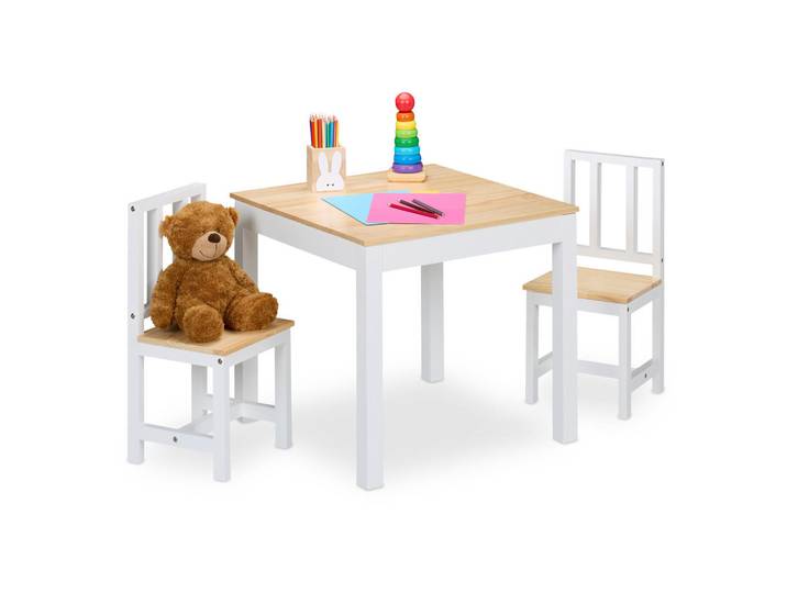 Relaxdays Kindersitzgruppe Weiß Natur 3-tlg. Tisch 2 Stühle, Holz, Quadratisch, rund, 57x51.5x57 cm, Babymöbel & Kindermöbel, Kinderzimmer & Jugendzimmer, Kindersitzgruppe