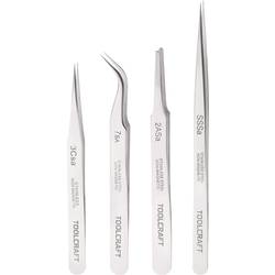 TOOLCRAFT 816747 Pinzetten-Set 4teilig SS SA, 2a SA, 7 SA, 3c SA Flach-rund, Sichelspitze, gebogen 55°, Spitz, Spitz, schlank
