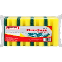 Reinex Topfkratzer Pad Schwamm gelb grün 4er Vliesschwamm praktische Griffleiste schont die Fingernägel, starkes Vlies