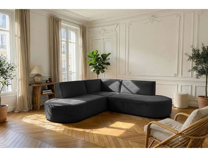 WFL GROUP Ecksofa Nora L-Form 3-Sitzer, Universell, Freistehend, im Loft-Stil, Skandi-Design 223 × 223 × 73 cm, Samt Velour Stoff inkl. passender Dekokissen