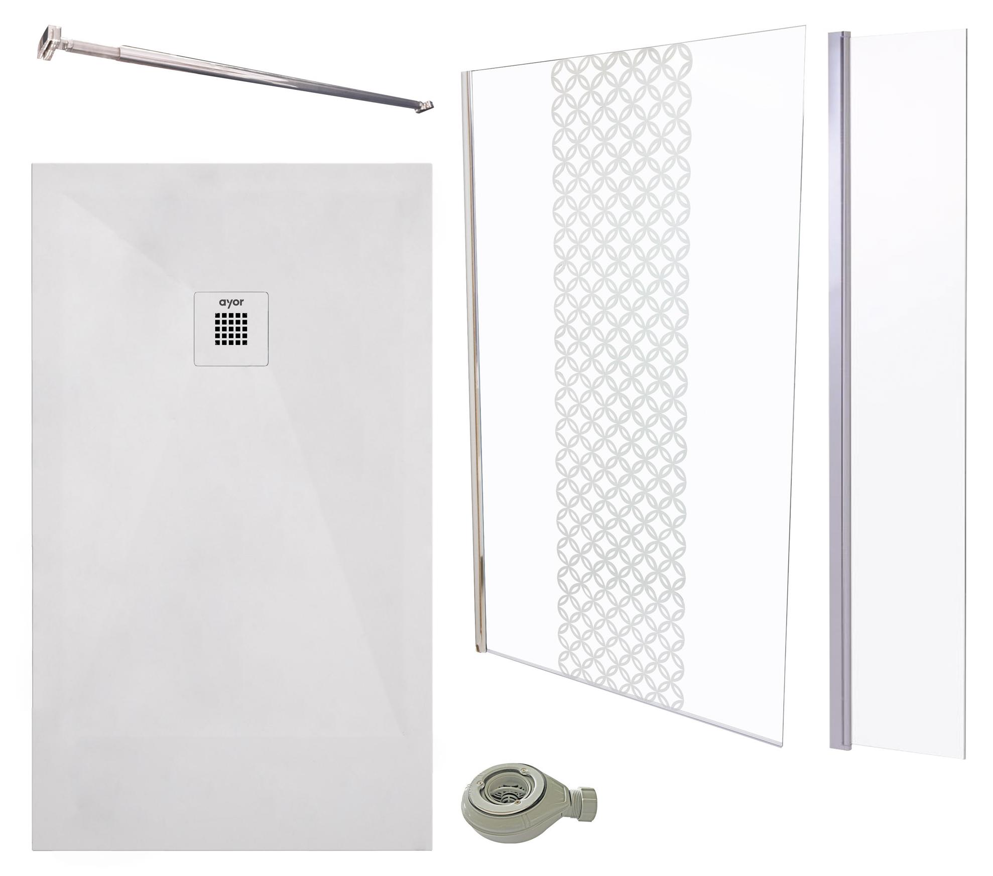 ONDEE ZEN-PACK DUSCHE - Weiße Duschwanne 160 x 90 cm, Duschwand 120 cm, Spritzschutz, Befestigungsstange