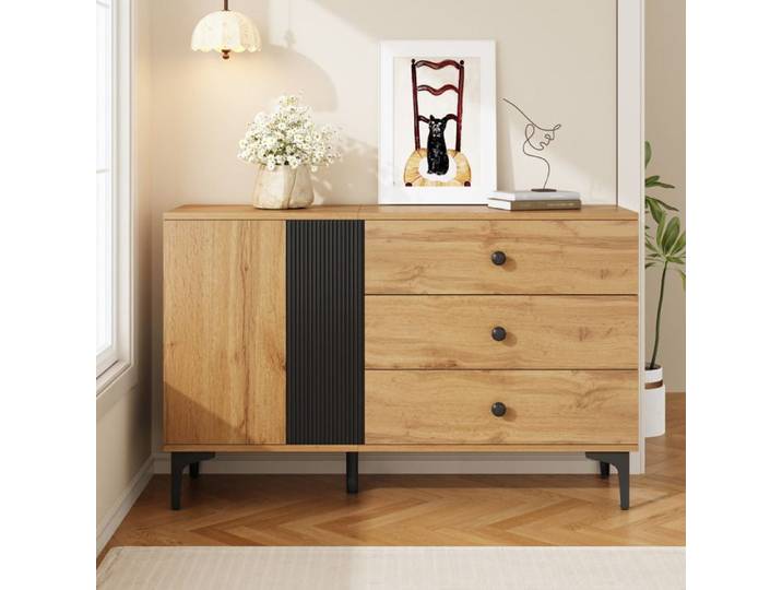 Buffet -Meuble de Rangement 3 Tiroirs 1 Porte avec Pieds Métal Noir- pour Salon/Entrée/Salle à Manger-120x35x76 cm- Naturel