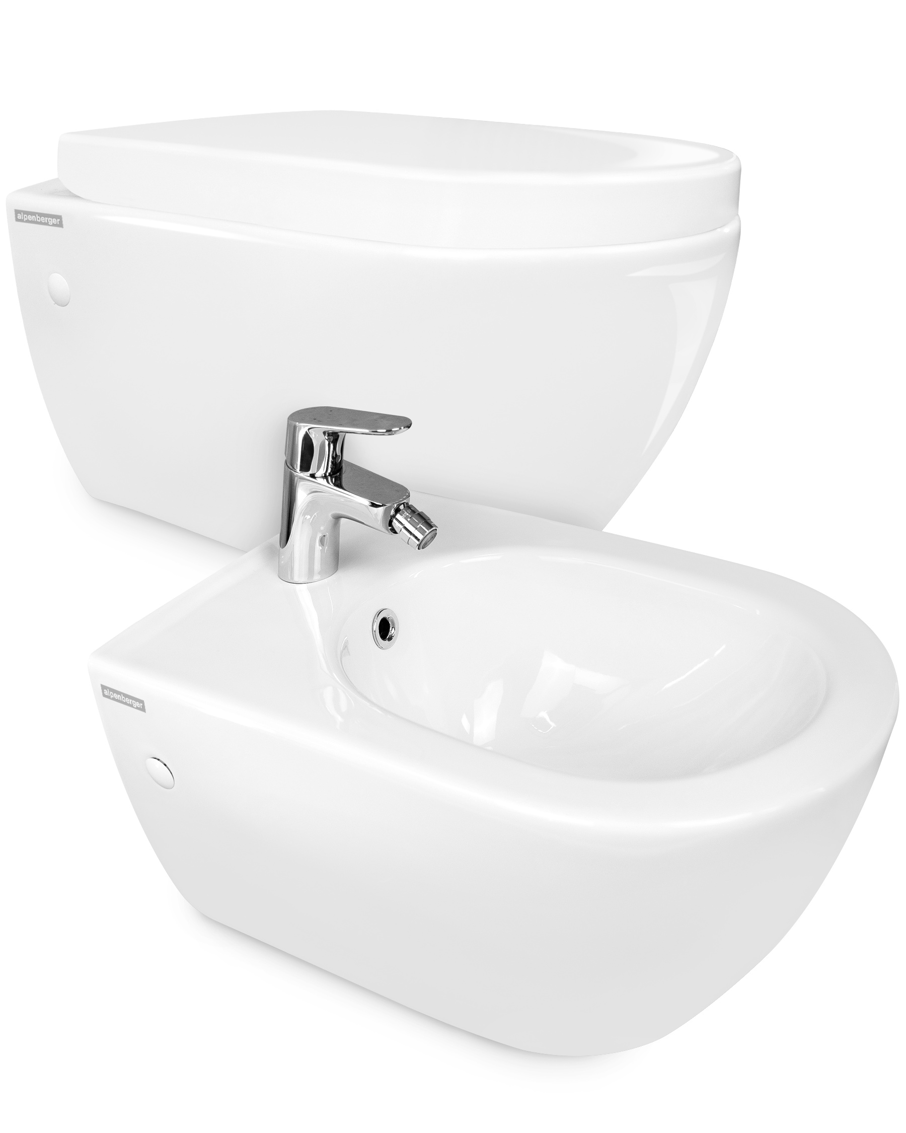 Alpenberger Spülrandloses Hänge-WC & Bidet mit Überlauf & Quick-Release WC-Sitz mit Absenkautomatik - Komplett-Set