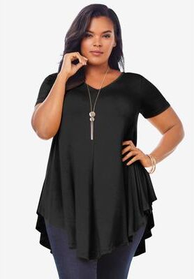 Plus Size Women's Plus Size Ultra Drape V-Neck Swing Tunic Top by Roaman's in Black (Size 38/40) Short Sleeve V-Neck Shirt