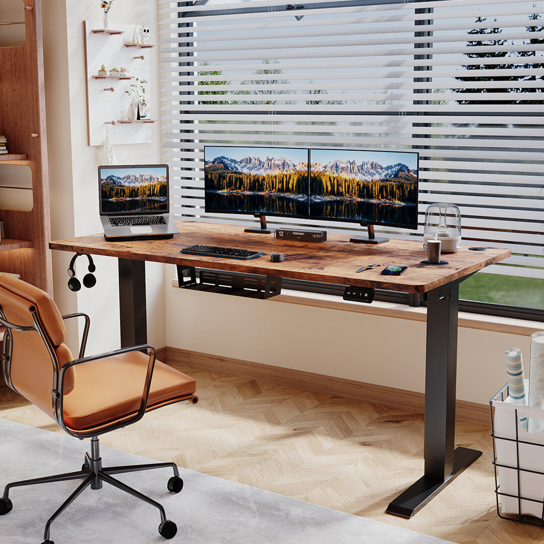 Zipcode Design Hieronymus Electric Adjustable T-Shape Standing Desk Home Desk With Backpack Hook And Memory Smart Pannel Brown 160cm W x 70cm D