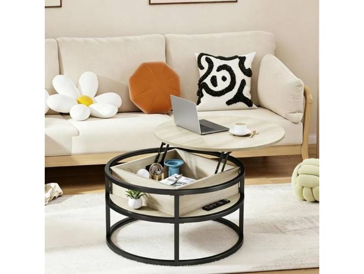Table de salon avec plateau relevable-MENGDA-Table multifonctionnelle pour salon-Compartiment intérieur-Plateau rond-80*80*47cm
