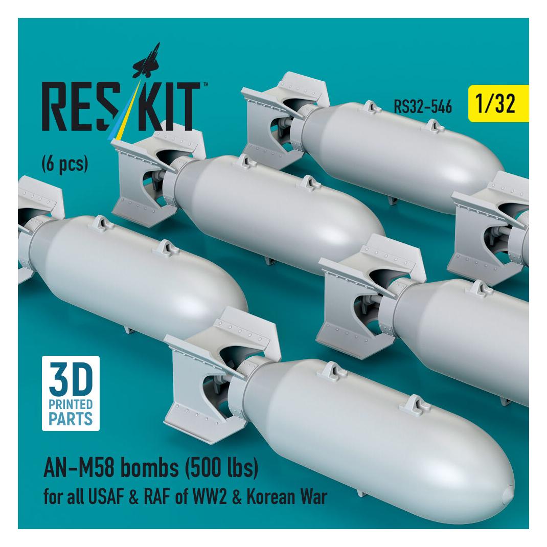 ResKit AN-M58 bombs (500 lbs) for all USAF & RAF of WW2 & Korean War (6 pcs) (3D Printed) (RS32-0546)