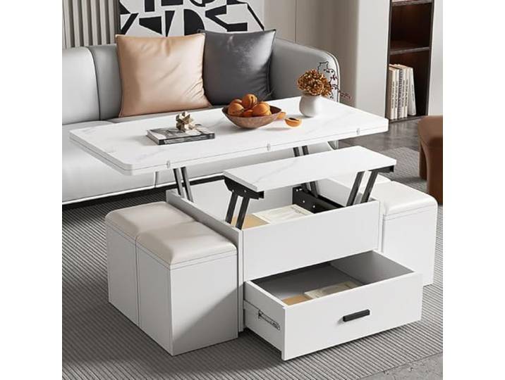 Klappbarer Couchtisch Höhenverstellbar mit Sintersteinplatte und Hocker Multifunktionales Design, Verstellbare Höhe, Mobile Nutzung, Platzsparend, Wohnzimmer, Apartment, Kleine Räume, Home Office