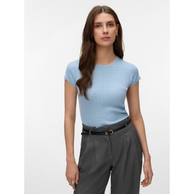 Kurzarmpullover VERO MODA "VMSILJE C/S O-NECK POINTELLE PULL NOOS", Damen, Gr. S, blau (cashmere blau), Strick, Obermaterial: 77% Viskose, 23% Polyester, unifarben, regular fit normal, Rundhals, Pullover, Sommerpulli