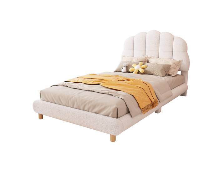Flieks Kinderbett 90x200cm Weiß Plush niedliches Kopfteil, Holz, 90x200 cm, Schlafzimmer, Betten