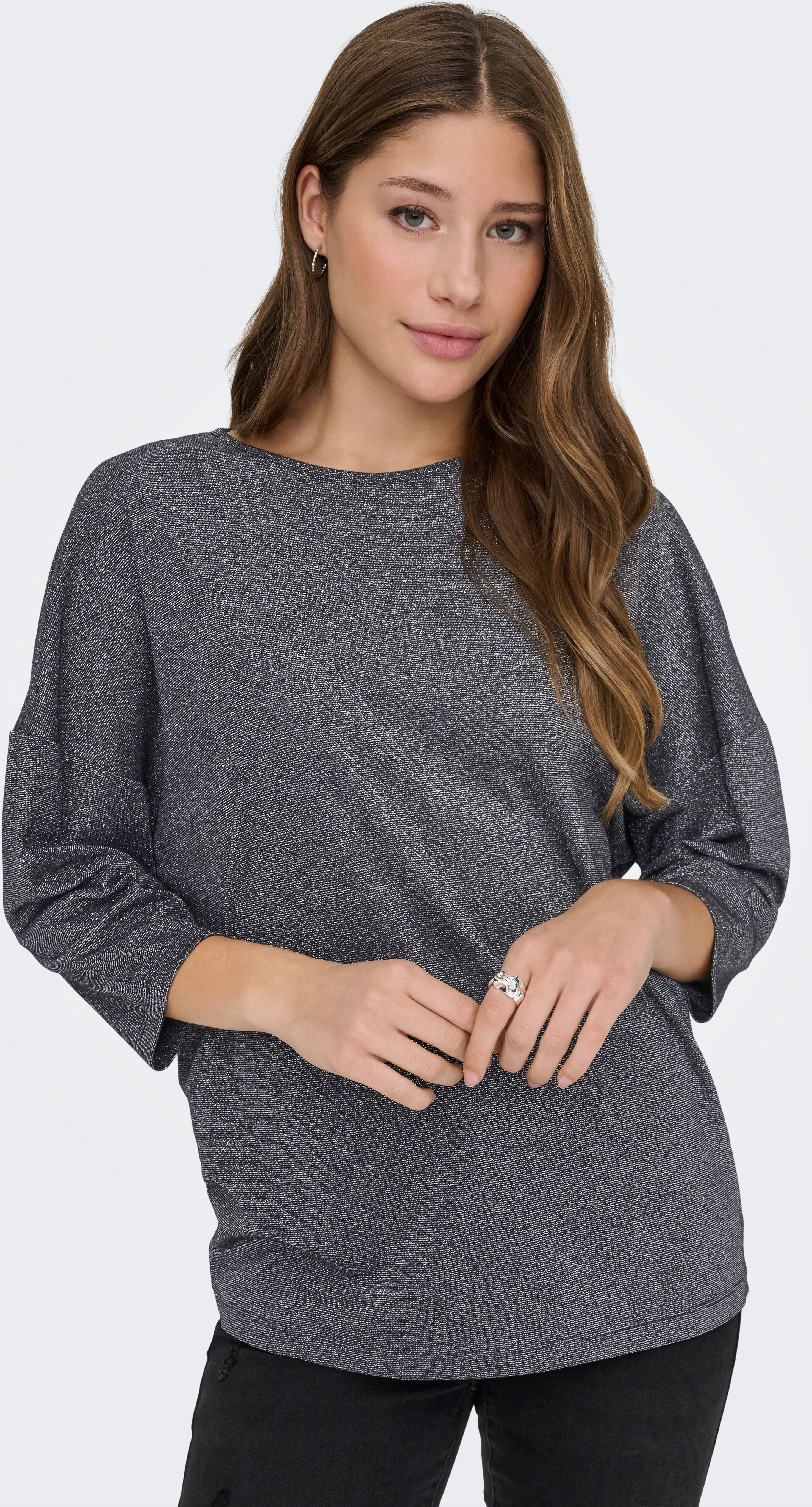 3/4-Arm-Shirt ONLY "ONLSILVERY GLAMOUR LUREX 3/4 TOP JRS", Damen, Gr. S, schwarz (schwarz detail:silber lurex), Jersey, Obermaterial: 60% Polyester, 24% Viskose, 16% metallisierte Fasern, Glitzermuster, regular fit, Rundhals, Shirts 3/4-Arm-Shirt, mit Gli