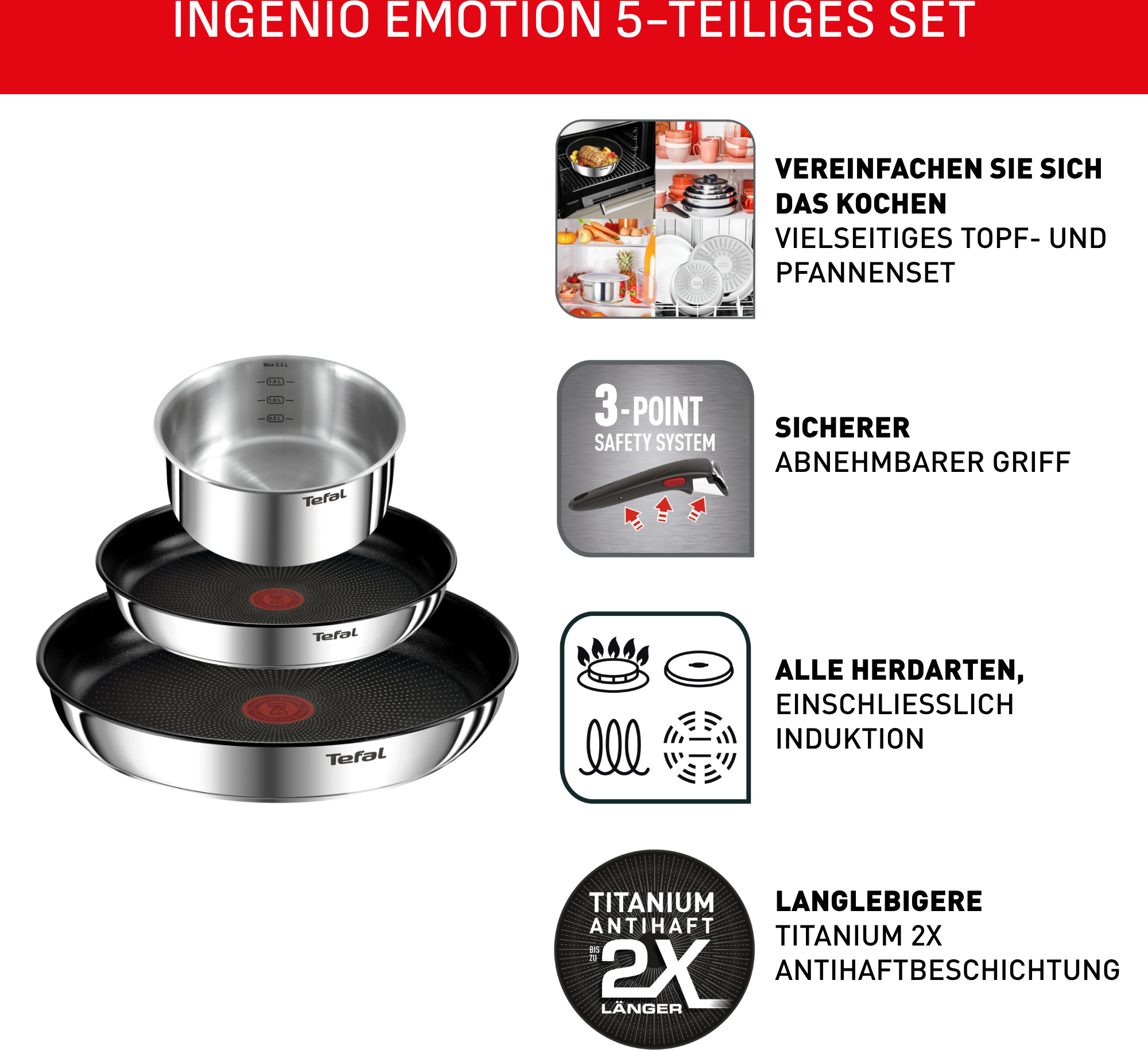 Pfannen-Set TEFAL "Ingenio Emotion", silber (edelstahl), Pfannen, Pfannen-Set, abnehmbarer Griff, Antihaftversiegelung, Thermo-Signal, Induktion