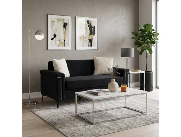 ReyTinn 174cm Velvet Modernes 2-Sitzer Loveseat Sofa – Kompakte Couch mit Federkern, Metallfüßen & 2 Kissen – Ideal für Wohnzimmer kleine Wohnungen Apartment & WG (Schwarz)
