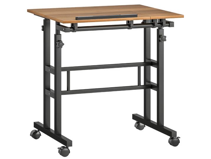 Bureau assis debout plateau inclinable à roulettes cadre métal marron