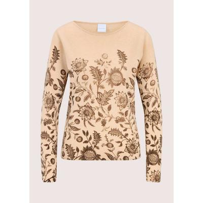 Longpullover MADELEINE "Pullover Kaschmirpullover mit botanischem Print", Damen, Gr. 36/38, beige (beige, melange, dunkeltaupe), Modern, slim fit, Pullover Longpullover