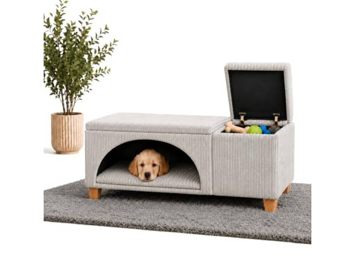Outentin Hundesofa 3 in 1 Für Kleine Hunde - Indoor Hundebett Mit Höhle - Sitzbank und Stauraum - Hundehöhle - Stilvolles Höhlenbett Für Zuhause - 120 x 46 x 40 cm - Poso - Grau