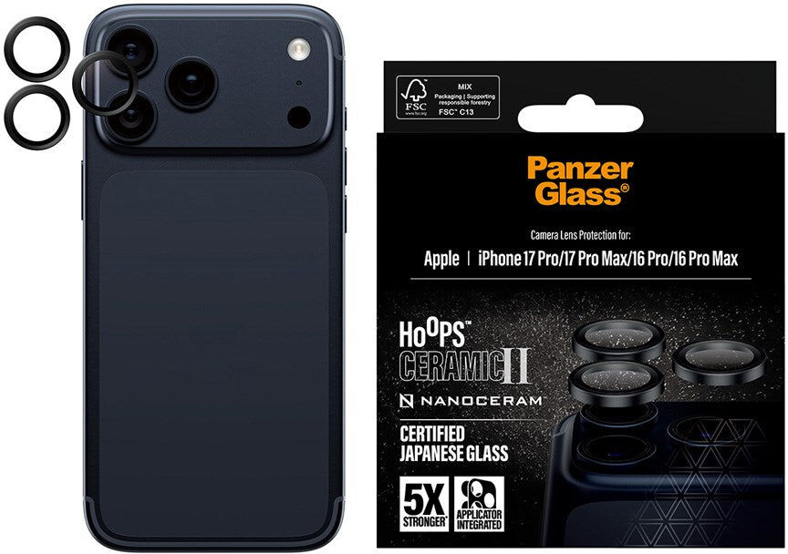 iPhone 17 Pro / 17 Pro Max / 16 Pro / 16 Pro Max PanzerGlass Ceramic Hoops Kamerabeskyttelsesglas inkl. Installationsramme - Sort