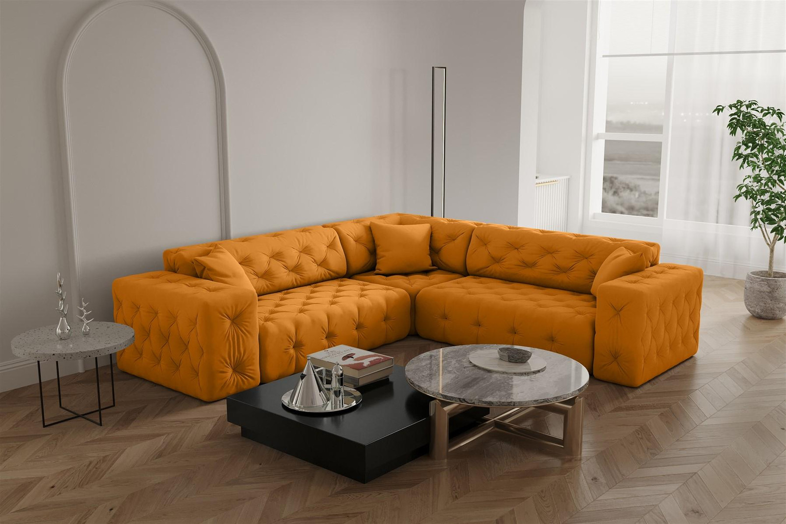 Designbank CHANTAL Eckbank met Opera Velvet bekleding in geel