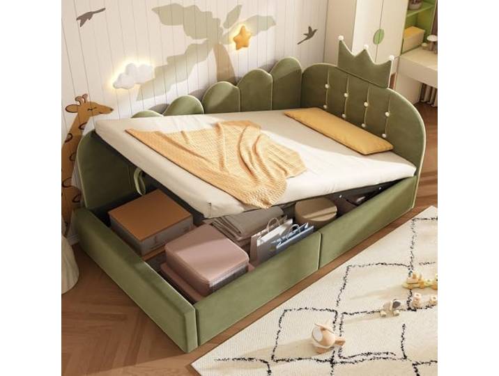 Bellemave Schlafsofa mit Bettkasten 90x200, Samt-Polsterbett in Grüne Polsterbett mit Krone-Gitter-Design, L-Form, platzsparend, für Kinder- und Gästezimmer, praktisches Gästebett, ohne Matratze