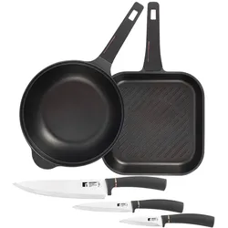 BERGNER Copper - Grillpfannen-Set aus Aluminiumguss (28x28cm) und Wok (Ø30cm) mit 3 Küchenmessern aus Edelstahl