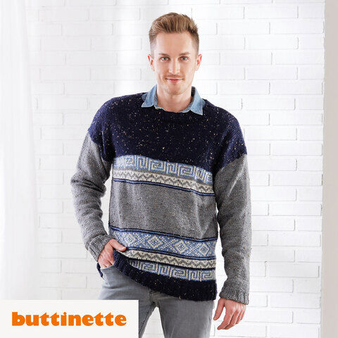 Strickanleitung – Herrenpullover mit Norwegerbordüren aus Woll Butt Vroni