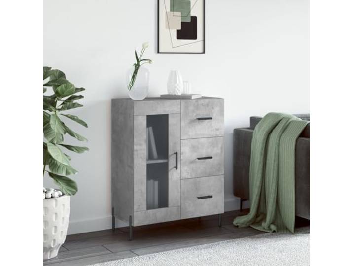 RJPLMFV Anrichte, grau, Beton, 69,5 x 34 x 90 cm, Holz, Technik 3 Schubladen, 2 Fächer, Glastür, Metallbeine, TV-Schrank