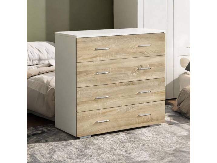 Commode contemporaine bicolore blanc et chêne 4 tiroirs 76 x 35 x 72 cm - Chêne blanc Panneaux de particules 76 x 35 x