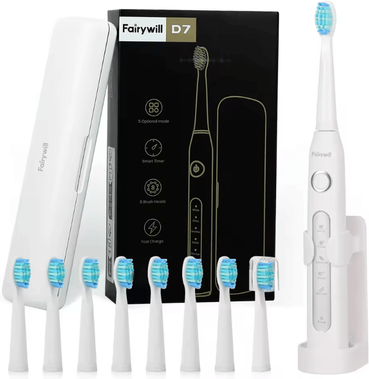 Inspire Essentials Fairywill FW507 Sonic Electric Toothbrush With 8 Brush Heads And Travel Case white