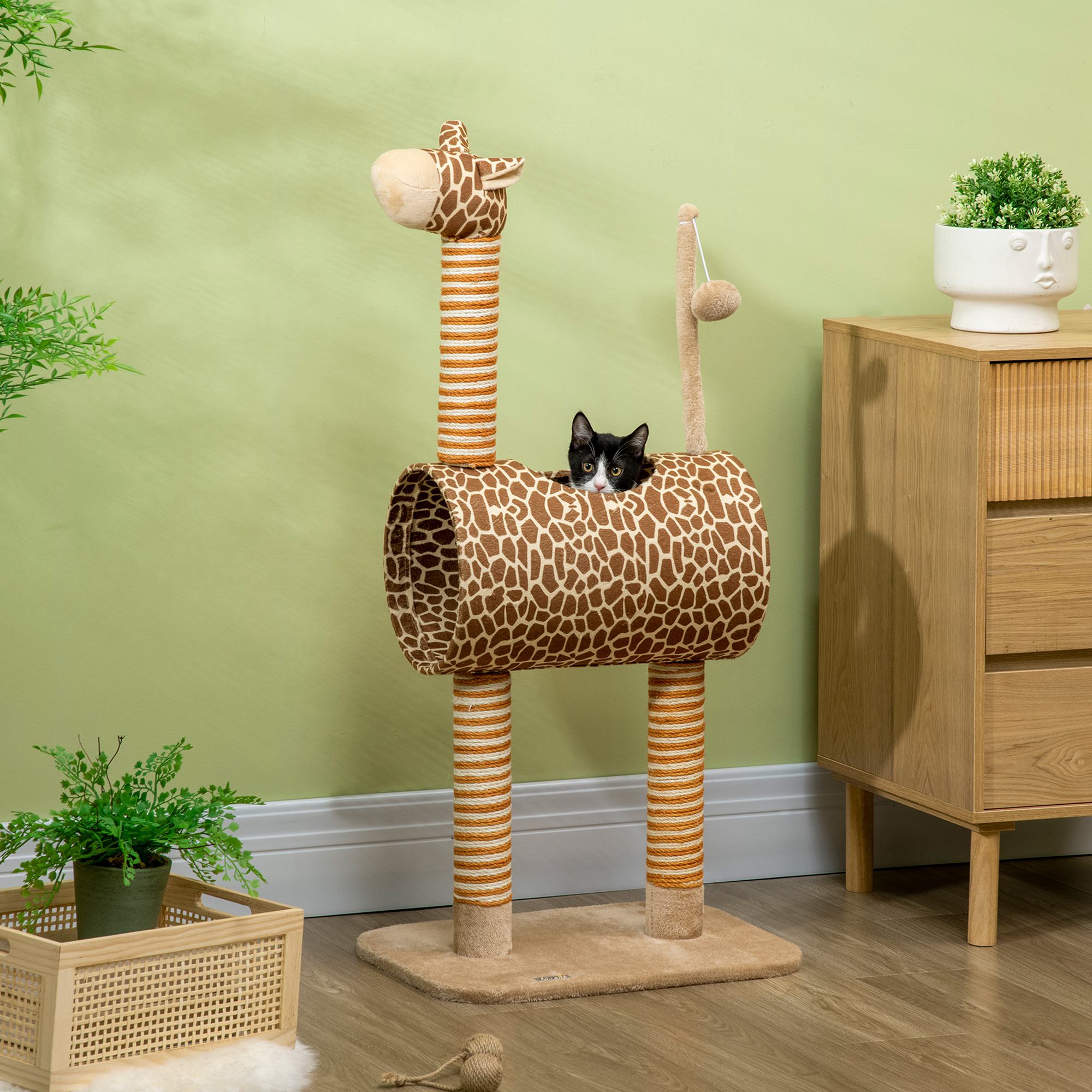 Pawhut Tiragraffi a giraffa 101 cm con tana, pallina e pali in iuta   Aosom Italy