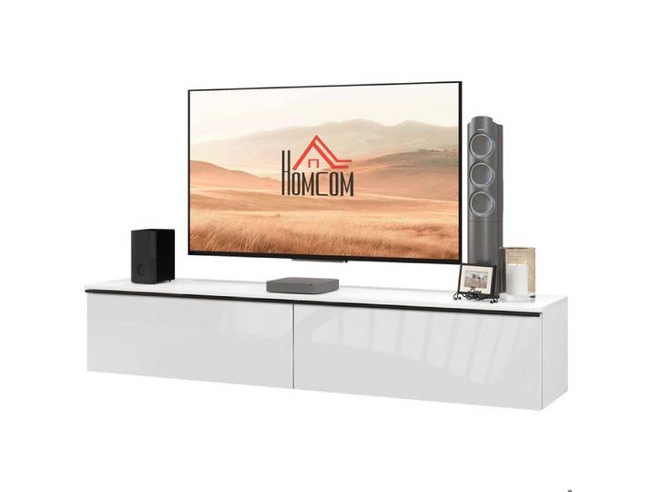 Meuble TV suspendu avec placard pour téléviseurs jusqu'à 70 pouces effet brillant blanc