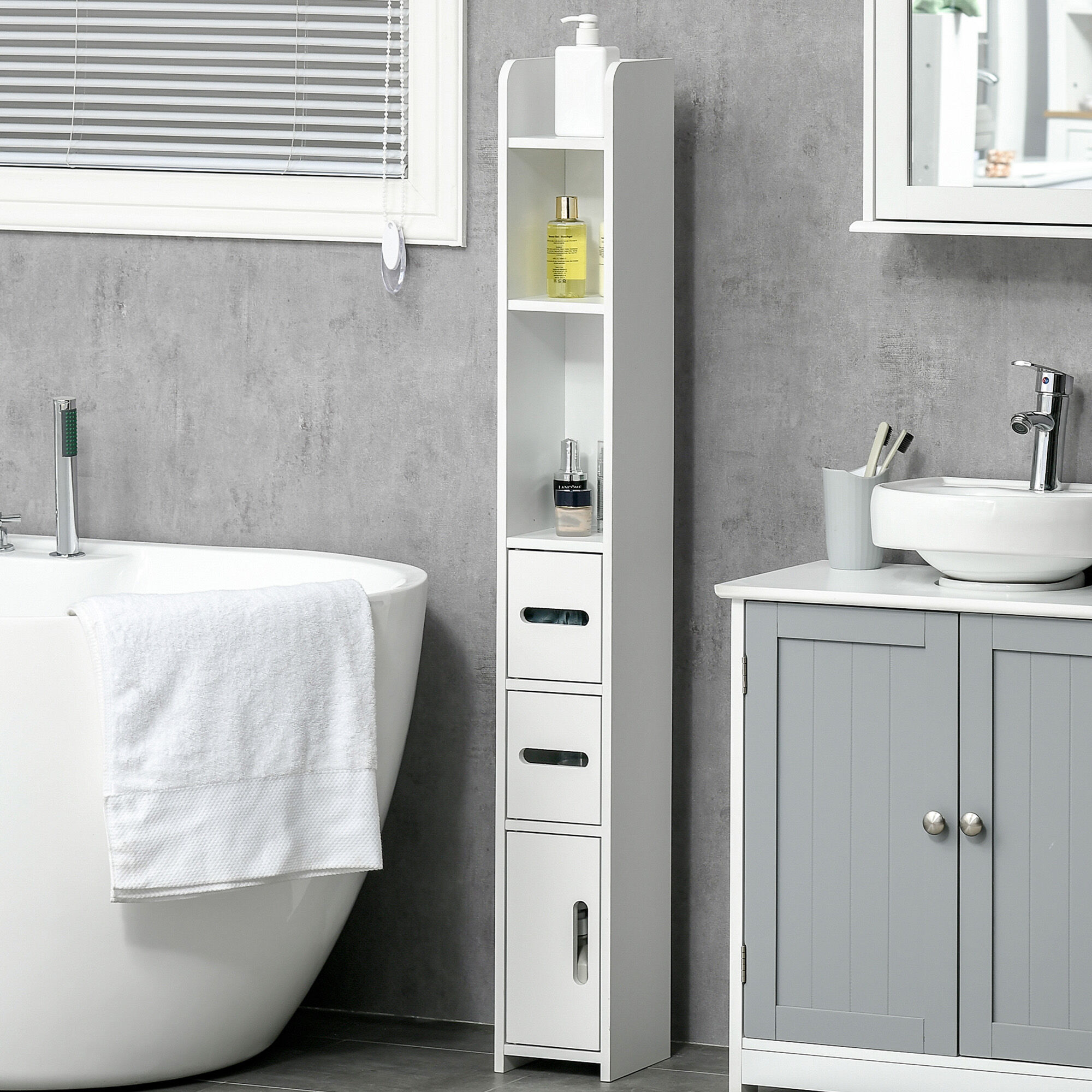 Altro Colonna Bagno Con Mensole E Armadietti, Mobile Alto Salvaspazio In Legno 15x17x120cm, Bianco