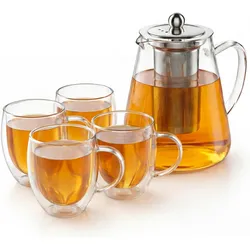 Arendo, Teekanne, Teekanne 1,2 l mit Edelstahl-Teesieb + 4 Thermogläser 350 ml mit Henkel, Borosilikatglas (1.20 l)