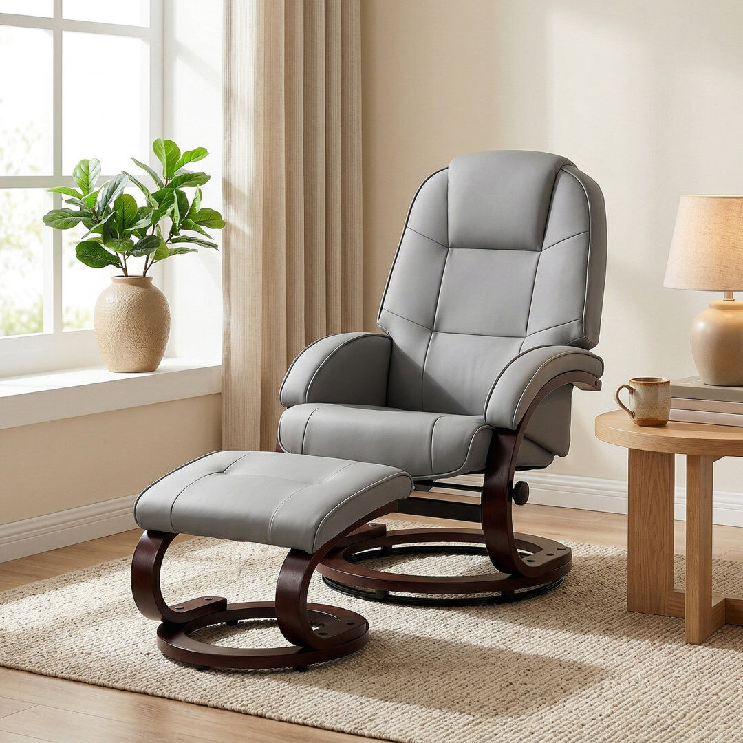 17 Stories HOMCOM Swivel Recliner Chair with Footstool PU Leather High Back Gray 98cm H X 88cm W X 66cm D