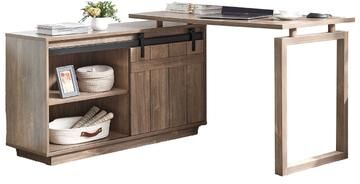 Benjara Fior L Shaped Writing Desk, 56 Inch, Hazelnut Brown Wood, Barn Door