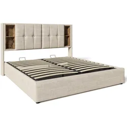 POLSTERBETT 140x200 Leinen Natur mit kabellosem Laden und Stauraum