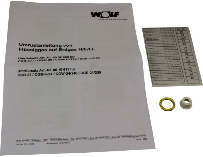 Wolf Umrüstsatz Flüssiggas - Erdgas 8610611 und Erdgas E - LL, für CGB-(K)-24