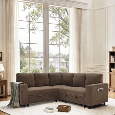 Loedds L-Shaped Pull-Out Sleeper Sofa with Hidden Storage Cup Holders and Side Pockets