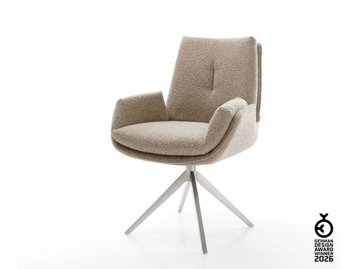 Drehstuhl Clea-Flex Bouclé Schlamm Kreuzgestell breit Edelstahl 360° drehbar Wippfunktion, Esszimmerstühle