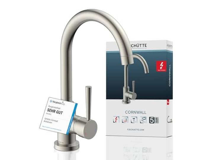 SCHÜTTE 79129 CORNWALL Küchenarmatur Niederdruck, Edelstahl Spültischarmatur mit hohem Auslauf, Einhebelmischer, 360 ° schwenkbar, Wasserhahn Küche, Armatur Spüle
