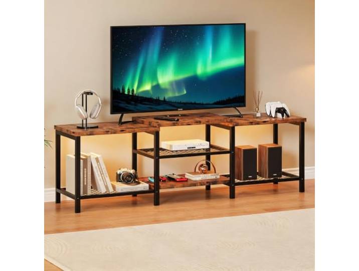 Koioplie TV-Lowboard für Fernseher bis 75 Zoll – mit Steckdose, LED-Beleuchtung & offenen Ablagefächern – Vintage Braun – klassisch Farbe