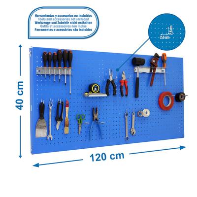 SimonRack Perforierte Metallplatte für Werkzeuge 1200x400 BLAU + 14 Haken + 3 Zubehör